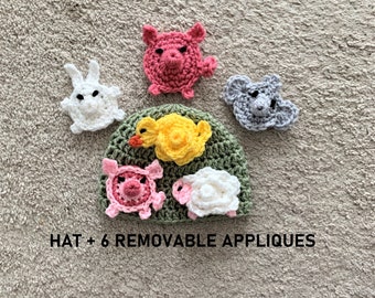 Baby Animal Hat, Newborn Photography Props, Farm Animal Infant Hat, Crochet Bunny Hat, Chicken Newborn Beanie, Removable Animal Appliques