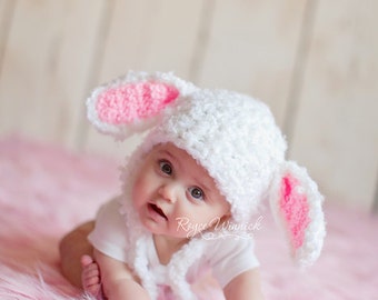 Crochet Bunny Hat, Floppy Bunny Ears Beanie, Newborn Photography Props, White Rabbit Baby Girl Hat, Year Of The Rabbit 2023, Earflap Hat