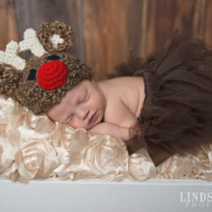 Reindeer Hat Baby, Christmas Costume Kids, Newborn Xmas Hat, Red Nose Beanie, Preemie Holiday Outfit, Christmas Photoshoot, Infant Deer Hat image 2