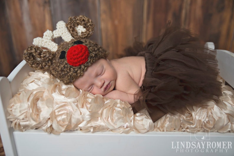 Reindeer Hat Baby, Christmas Costume Kids, Newborn Xmas Hat, Red Nose Beanie, Preemie Holiday Outfit, Christmas Photoshoot, Infant Deer Hat image 2