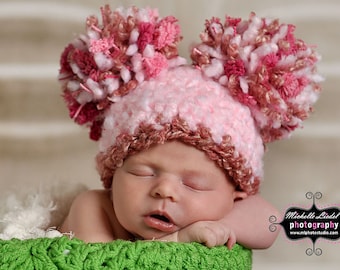 Double Pom Pom Beanie, Pink Hat For Baby, Crochet Pom Pom Hat, Baby Girl Photoshoot, Baby Shower Gift, Kids Hat, Newborn Photography Outfit