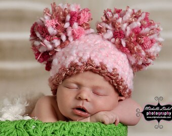 Gorro con dos pompones, gorro rosa para bebé, gorro de ganchillo con pompones, sesión de fotos para niña, regalo para baby shower, gorro para niño, atuendo para fotografía de recién nacido