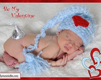 Valentine's Day Photo Prop, Elf Baby Crochet Hat, Long Tail Hat With Heart, Infant Sleepy Hat, Newborn Photoshoot, Preemie Beanie Hat