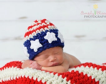 4th Of July Newborn Hat, American Flag Outfit, Patriotic Baby Hat, USA Newborn Beanie, Kids Photography Prop, US Flag Newborn Costume