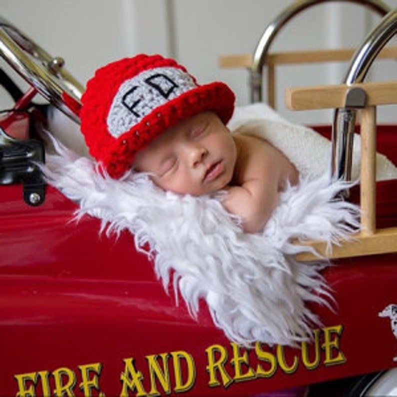 Newborn Firefighter Hat, Crochet Fireman Cap, Firefighter Photography, Baby Boy Firefighter Outfit, Labor Day Gift,Social Worker,Baby Outfit image 1