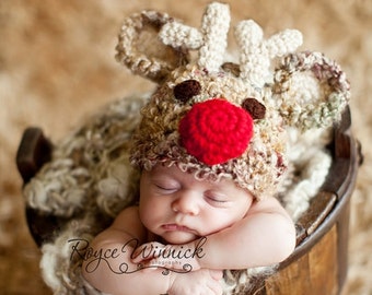 Newborn Reindeer Hat, Baby Christmas Hat, Preemie Red Nose Reindeer Hat, Christmas Costume Kids, Xmas Photoshoot, Cozy Winter Beanie
