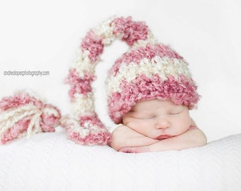 Long Tail Elf Hat, Baby Girl Stocking Hat, Pink Crochet Hat, Newborn Elf Hat, Newborn Photo Props, Striped Elf Hat, Winter Pixie Hat, Gift