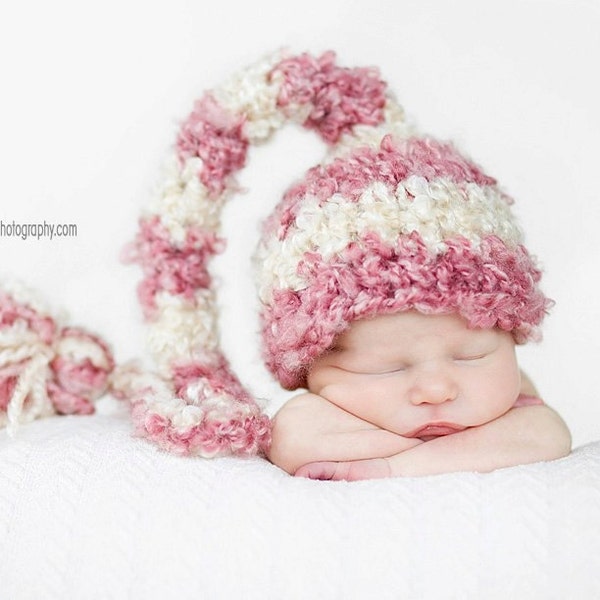 Long Tail Elf Hat, Baby Girl Stocking Hat, Pink Crochet Hat, Newborn Elf Hat, Newborn Photo Props, Striped Elf Hat, Winter Pixie Hat, Gift
