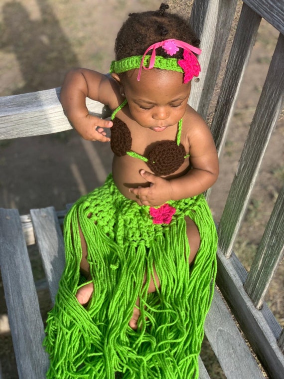 Baby Girl Hawaiian Outfit, Luau First Birthday Costume, Hula Dancer Outfit,  Baby Coconut Bra, Girl Grass Skirt, Orchid Headband, Photo Prop 