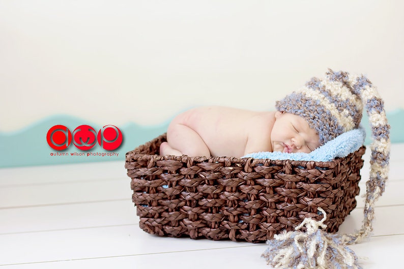 Newborn Elf Hat, Striped Long Tail Hat, Crochet Stocking Hat For Baby, Pixie Hat With Tassel, Valentines Costume, Newborn Photography Outfit image 2