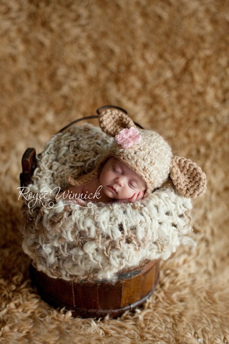 Crochet Lamb Baby Hat, Newborn Photography Props, Sheep Earflap Hat, Gender Neutral Baby Hat, Animal Crochet Hat, Baby Knitted Lamb Hat image 1