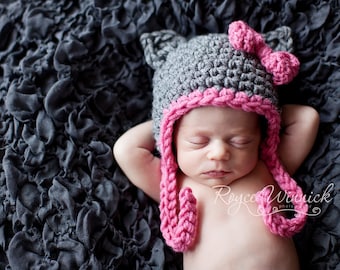 Baby Girl Crochet Cat Hat, Kitty Crochet Bonnet Hat, Newborn Cat Ears Beanie, Baby Girl Photoshoot Hat, Chunky Knit Hat, Baby Shower Gift