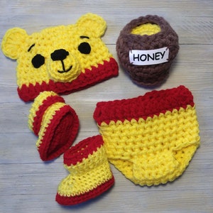 Winnie The Pooh Baby Costume, Kids And Baby Halloween Costume, Newborn Photography Outfit, Pooh Bear Infant Halloween Outfit,Boots,Honey Jar image 3