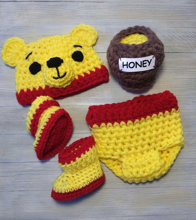Winnie The Pooh Baby Costume, Kids And Baby Halloween Costume, Newborn Photography Outfit, Pooh Bear Infant Halloween Outfit,Boots,Honey Jar image 3