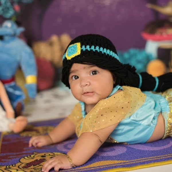 Baby Jas**ne Princess Wig, Baby Halloween Costume Girl, Black Hair Crochet Hat, Princess Jazzy Wig Hat, Toddler Wig, Infant Photo Props