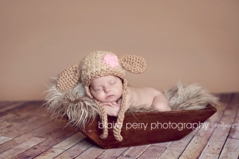 Crochet Lamb Baby Hat, Newborn Photography Props, Sheep Earflap Hat, Gender Neutral Baby Hat, Animal Crochet Hat, Baby Knitted Lamb Hat image 2