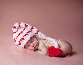 Valentines Day Baby Photo Prop, Crochet Elf Hat With Heart, Baby Long Tail Hat, Newborn Elf Outfit, Preemie Sleepy Hat, Pixie Beanie Hat