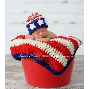 American Hat And Blanket Set, American Flag Baby Blanket, 4th Of July Outfit, Patriotic Newborn Costume, USA Beanie, USA Flag Photo Props image 5