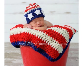 Traje de bebé del 4 de julio, manta de bandera estadounidense, traje de niños patrióticos, gorro de bandera de EE. UU., accesorio de foto recién nacido, sombrero de bebé de EE. UU., pañal americano