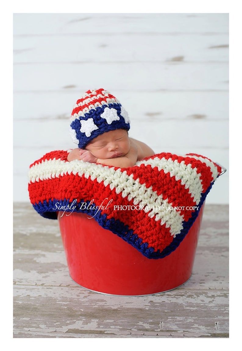 American Hat And Blanket Set, American Flag Baby Blanket, 4th Of July Outfit, Patriotic Newborn Costume, USA Beanie, USA Flag Photo Props image 5