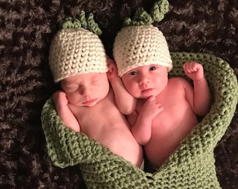 Peapod Twins Costume, Newborn Photography Outfit, Mom Gift Postpartum, Set Of  Double Pea Cocoon And 2 Hats, Pea Swaddle Blanket,Baby Shower