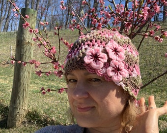 Cherry Blossom Beanie, Sakura Flower Cloche Hat, Teen Adult Crochet Hat, Spring Flower Hat, Photography Outfit, Japanese Flower Beanie