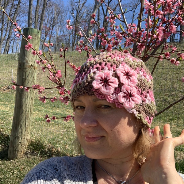 Cherry Blossom Beanie, Sakura Flower Cloche Hat, Teen Adult Crochet Hat, Spring Flower Hat, Photography Outfit, Japanese Flower Beanie