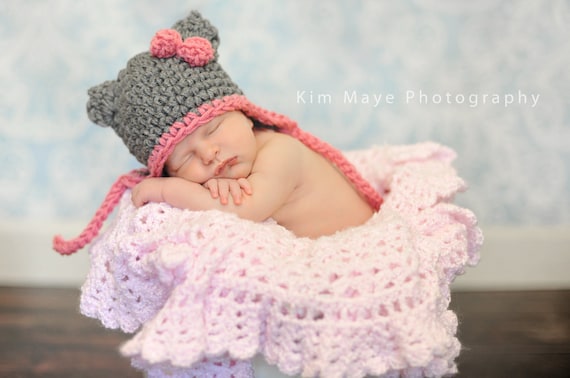 女の子用かぎ針編み猫帽子、キティかぎ針編みボンネット帽子、新生児用