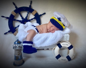 Newborn Boy Sailor Outfit, Baby Captain Hat, Baby Costume, Newborn Nautical Photoshoot, Baby Boy Marine Costume,Labor Day Gift,Social Worker