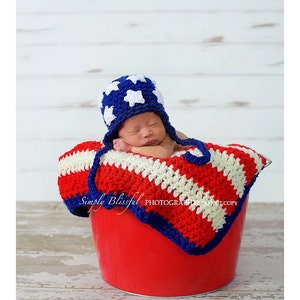 American Hat And Blanket Set, American Flag Baby Blanket, 4th Of July Outfit, Patriotic Newborn Costume, USA Beanie, USA Flag Photo Props image 2