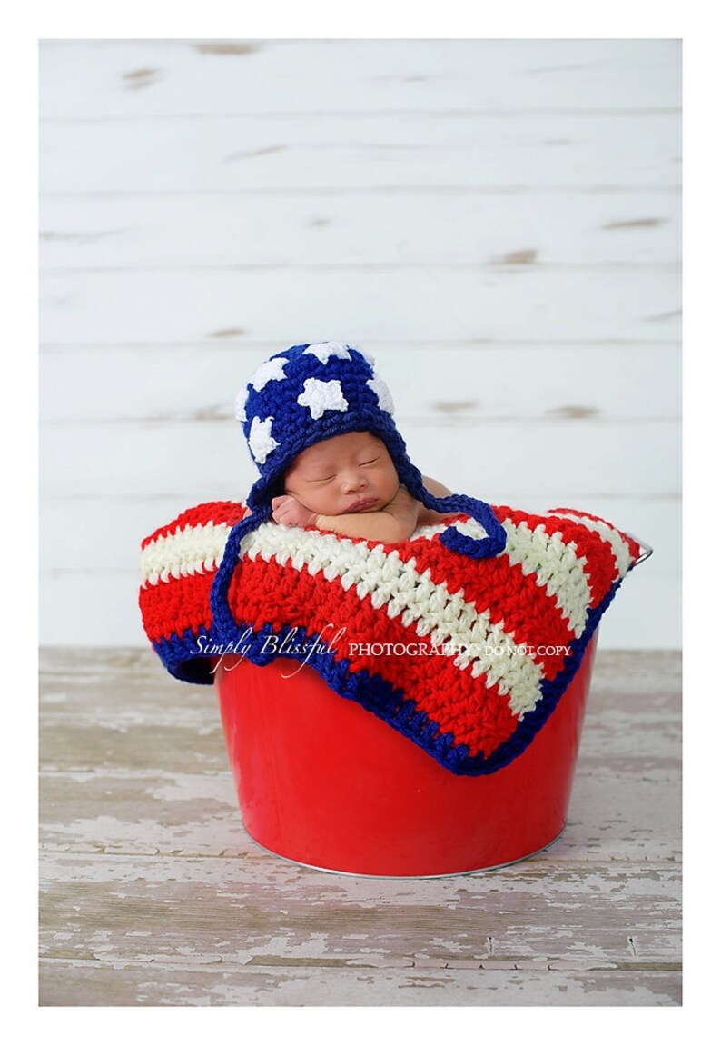 American Hat And Blanket Set, American Flag Baby Blanket, 4th Of July Outfit, Patriotic Newborn Costume, USA Beanie, USA Flag Photo Props image 2