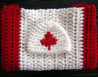 Canadian Flag Baby Set, Maple Leaf Baby Hat, Canada Blanket, Patriotic Baby Beanie, Newborn Photoshoot, Baby Shower Gift, Newborn Photo Prop