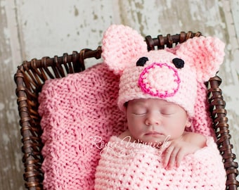 Roze spaarvarken babymutsje, pasgeboren varken foto rekwisieten, muts boerderijdieren, pasgeboren gehaakte varken hoed, muts met oren, biggetje babymutsje, gebreide babymutsje