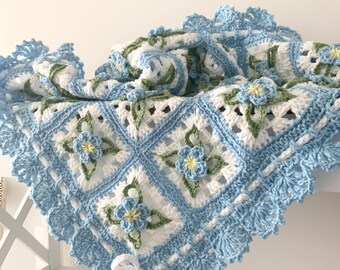 Forget Me Not Crochet Baby Blanket, Baby Blue Blanket, Swaddle Blanket, Photo prop, Stroller Blanket, Baby Shower Gift, Cute Baby Blanket