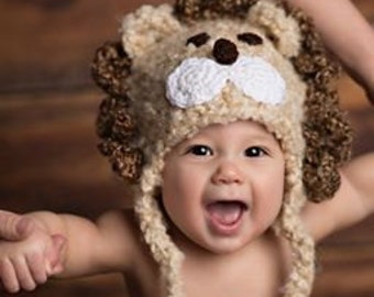 Baby Lion Hat, Newborn Photography Outfit, Toddler Safari Animal Beanie, Earflap Baby Hat, Jungle Photoshoot, Infant Hat, Ready To Ship