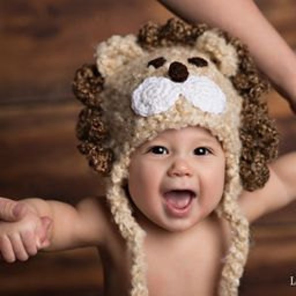 Baby Lion Hat, Newborn Photography Outfit, Toddler Safari Animal Beanie, Earflap Baby Hat, Jungle Photoshoot, Infant Hat, Ready To Ship