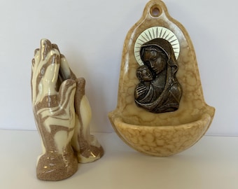 Vintage Religious Decor Set – Praying Hands Figurine & Madonna and Child Holy Water Font – Spiritual Home Decor I Mt St Helens Ashware