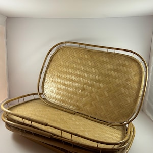 Vintage Bamboo Woven Serving Trays I Rattan Rectangular Trays | Boho Farmhouse Decor