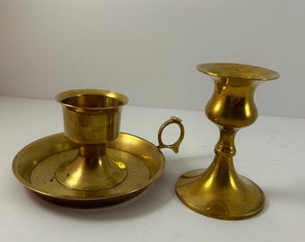 Vintage Brass Candlestick Holders | Mixed Brass Candle Holders | Chamberstick & Goblet Style Taper Holder | Vintage Brass Home Decor