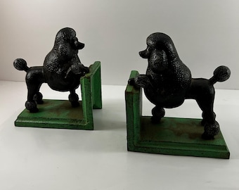 Vintage Cast Iron Poodle Bookends – Pair of Black Dog Book Ends with Green Base – Metal Library Decor