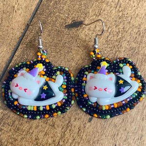 Halloween Witch Kitten Cute Hand Embroidered Earrings