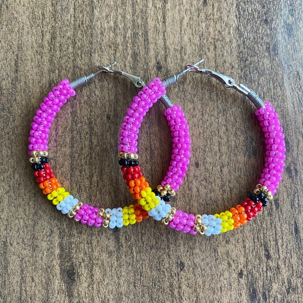 Hot Pink Southwest style beaded boho hoop earrings- 5 sizes!