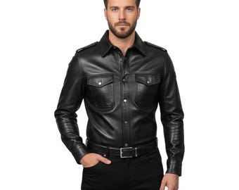Camisa masculina de couro de carneiro feita à mão - Estilo uniforme policial - Camisa de couro genuíno com botões - Traje feito sob medida - Presente para ele