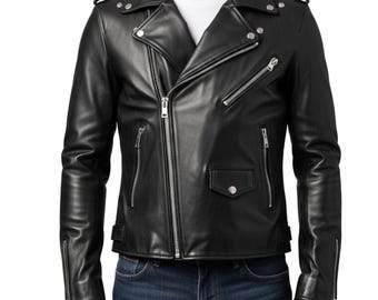 Mens Genuine Leather Biker Jacket - Handmade Black Motorcycle Jacket - Classic Rocker Style Heavy Duty Punk Jacket - Gift for Him