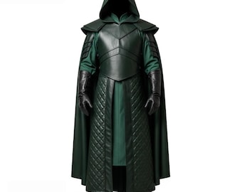 Handmade Green Leather Warlord Cloak - Medieval Hero Costume - Fantasy Warrior LARP Outfit - Gothic Renaissance Cosplay Cape for Men