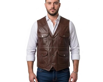 Chaleco de cuero genuino para hombre: Chaleco utilitario de cuero marrón / Estilo vaquero western vintage - Regalo para él