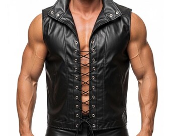 Mens Black Cowhide Leather Vest : Lace Up Biker Waistcoat | Sleeveless Motorcycle Riding Top - Gift for Him