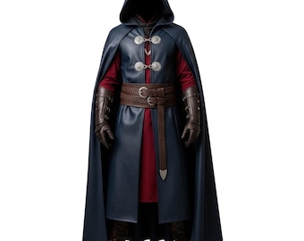 Middeleeuwse hooded Ranger mantel kostuum - handgemaakte lederen outfit krijger - Fantasy LARP cosplay gewaad - Gothic Mage Sorcerer kleding