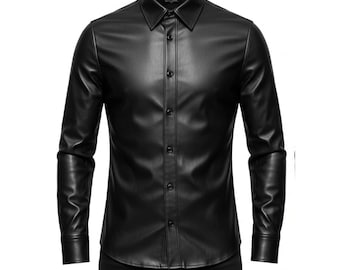Mens Handcrafted Genuine Sheepskin Leather Shirt - Classic Black Button Up Style - Handmade Slim Fit Dress Shirt - Gift for Him