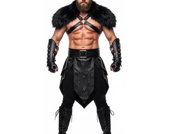 Handgemaakt barbaarkostuum van zwart leer en bont - LARP-pantser middeleeuws krijger - Viking Fantasy-outfit - Cosplay Battle-kostuum voor mannen